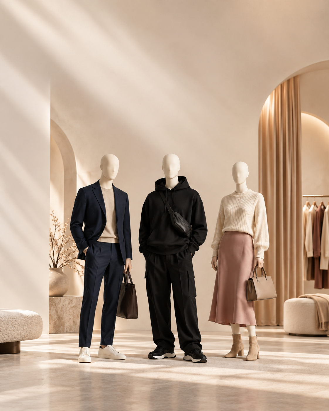 Three complete styled looks displayed in a softly lit private dressing salon.